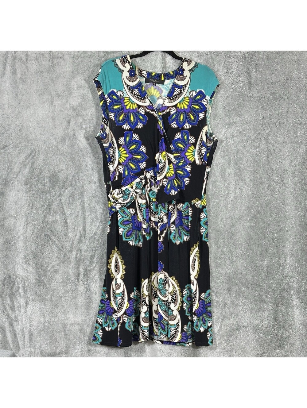 Nine West Womens 14 Dress Sleeveless Floral Paisley Knot Front Knee Length Black